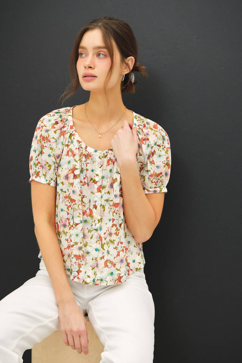 FLORAL PUFF SLEEVE BUTTON TOP - Be Cool - Terra Cotta Gorge Co.