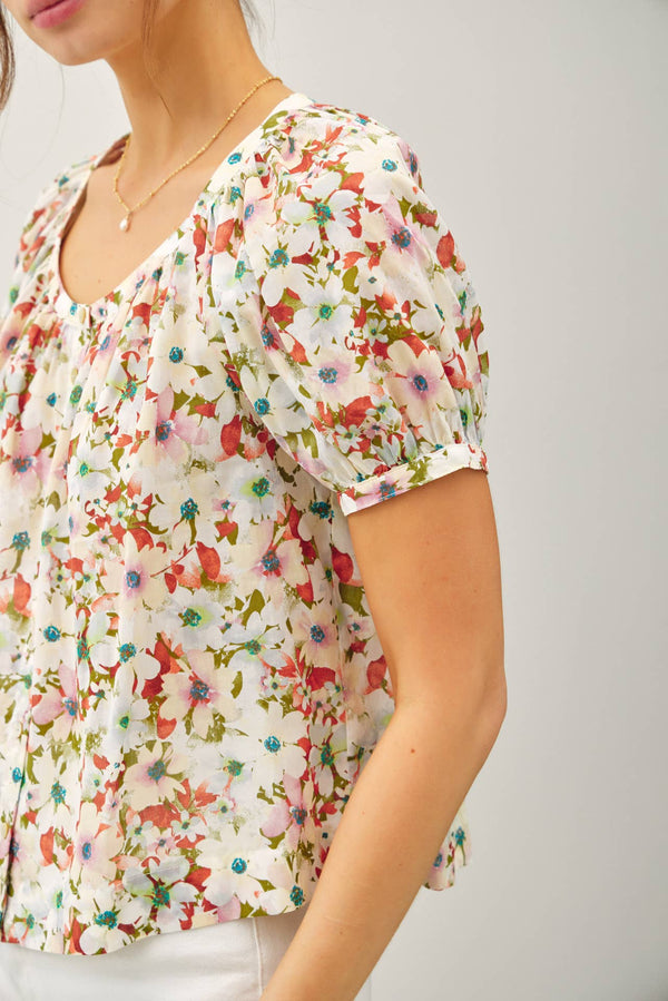 FLORAL PUFF SLEEVE BUTTON TOP - Be Cool - Terra Cotta Gorge Co.