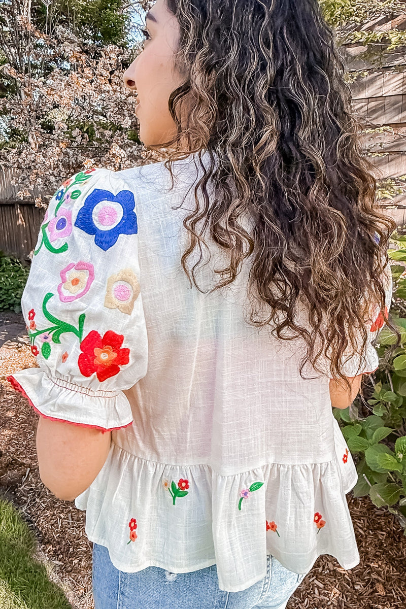 FRONT TIE COLORFUL EMBROIDERED TOP - Lalavon - Terra Cotta Gorge Co.