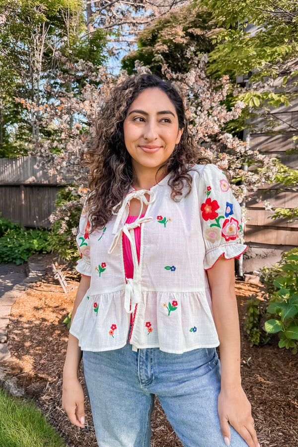 FRONT TIE COLORFUL EMBROIDERED TOP - Lalavon - Terra Cotta Gorge Co.