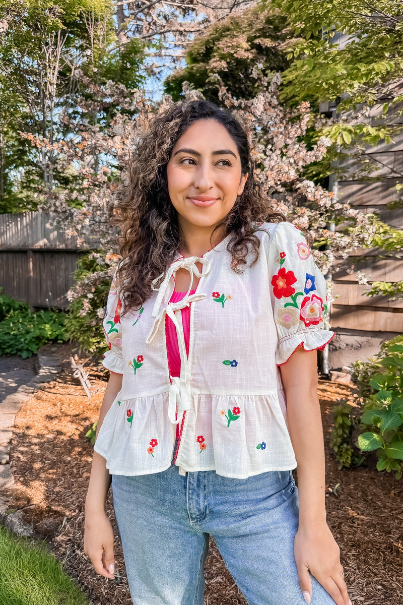FRONT TIE COLORFUL EMBROIDERED TOP - Lalavon - Terra Cotta Gorge Co.