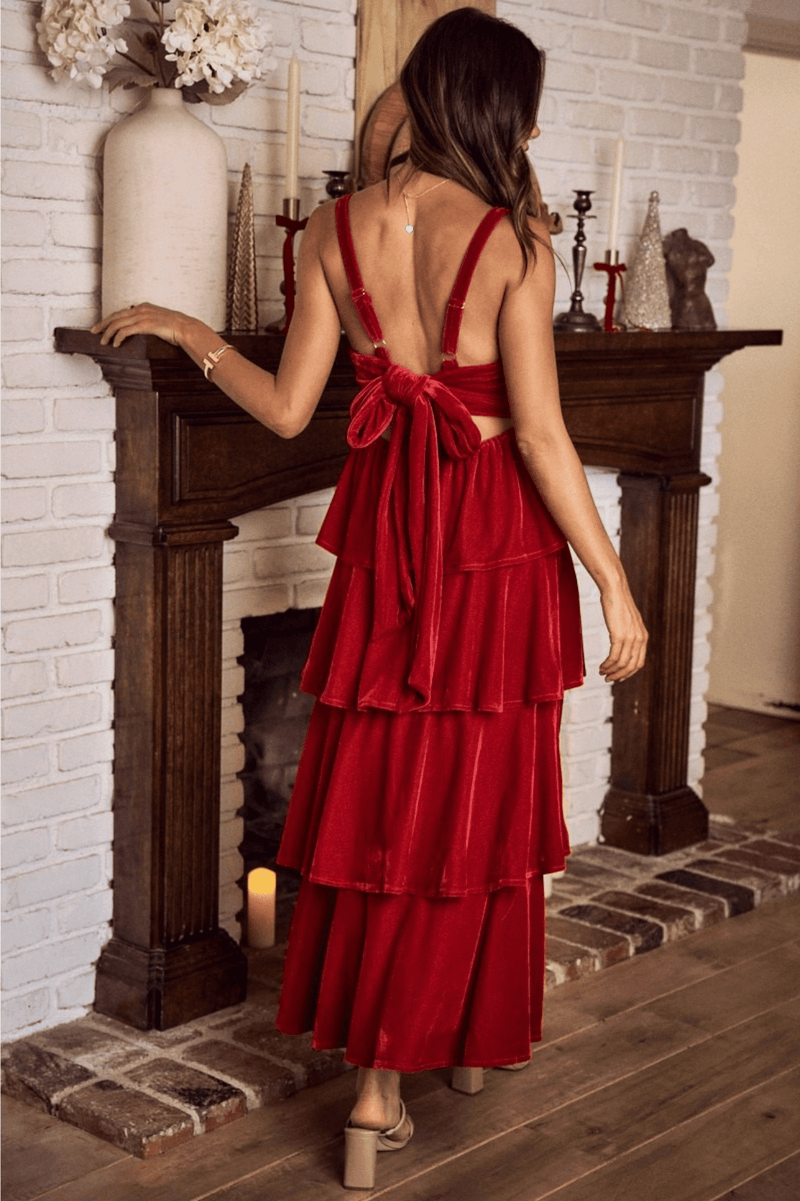 Green Velvet Holiday Christmas Tiered Dress - IVE - Terra Cotta Gorge Co.