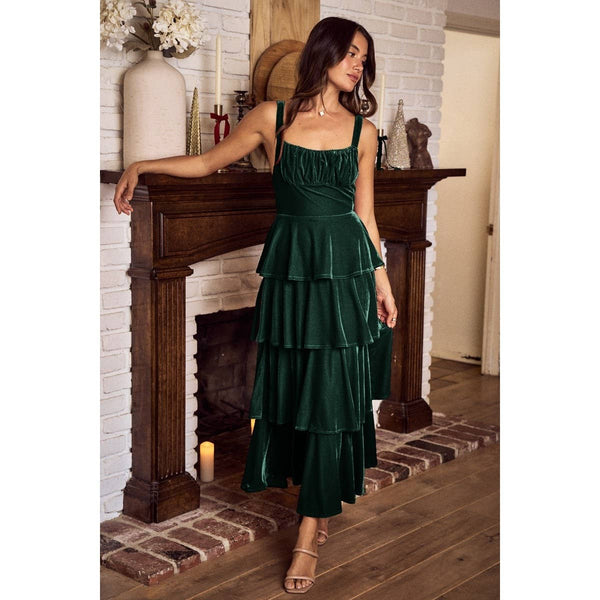 Green Velvet Holiday Christmas Tiered Dress - IVE - Terra Cotta Gorge Co.