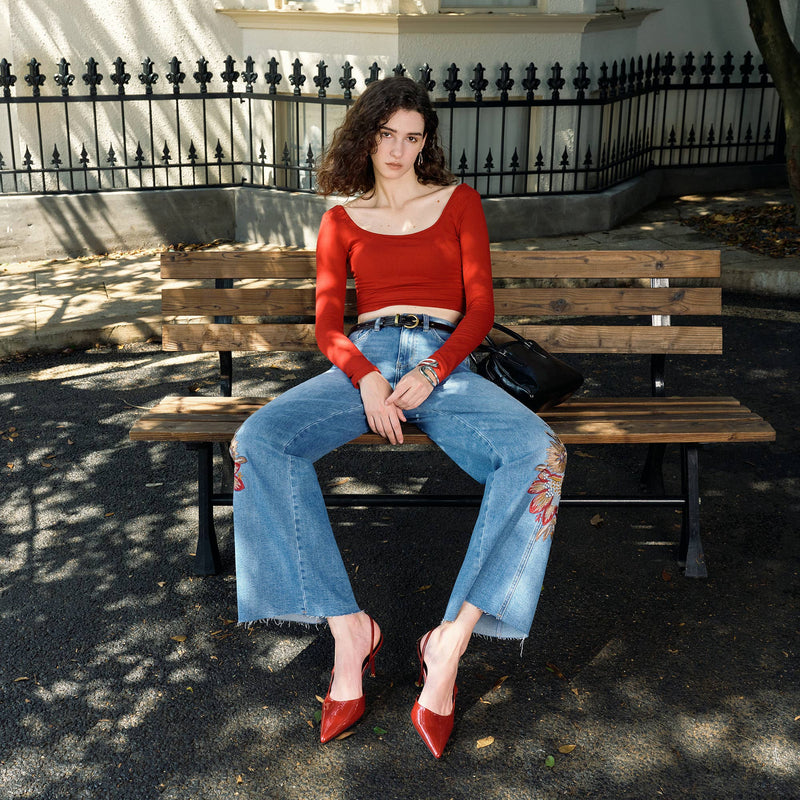 HIGH RISE EMBROIDERED WIDE LEG JEANS WITH RAW HEM BYW8254 - BAYEAS - Terra Cotta Gorge Co.
