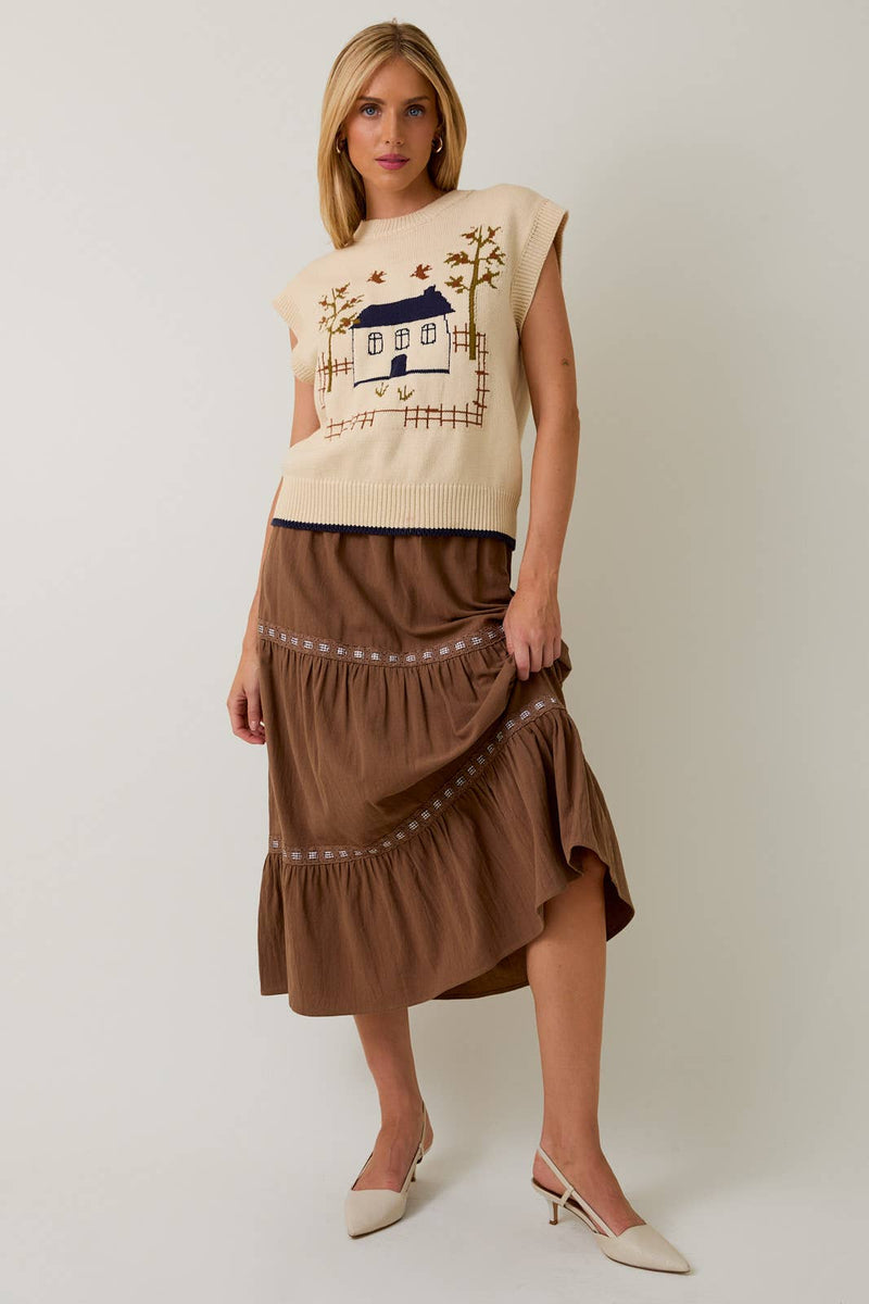 HIGN NECK SLEEVELESS GRAPHIC SWEATER TOP - Sunday Edition by LE LIS - Terra Cotta Gorge Co.