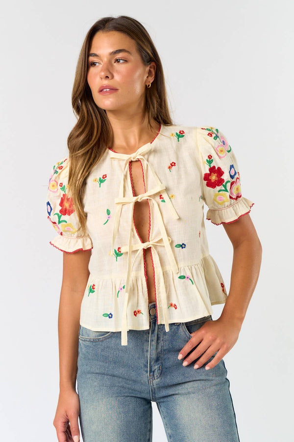 ILT4971 FRONT TIE COLORFUL EMBROIDERED SHORT SLEEVE TOP - Lalavon - Terra Cotta Gorge Co.