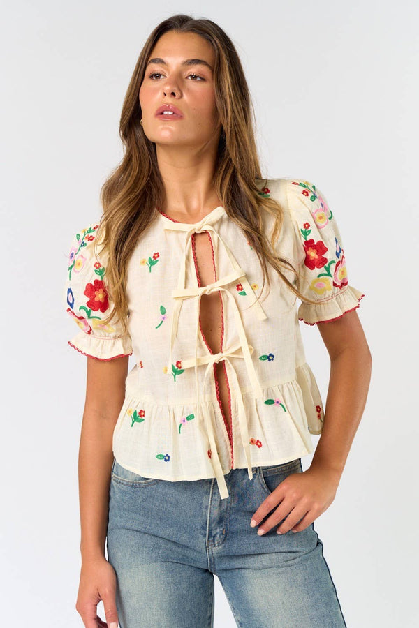ILT4971 FRONT TIE COLORFUL EMBROIDERED SHORT SLEEVE TOP - Lalavon - Terra Cotta Gorge Co.