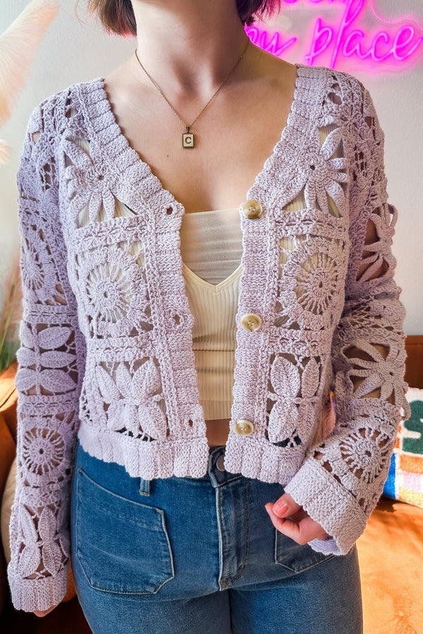 Lavender Crochet Button Front Cardigan - MYSTREE - Terra Cotta Gorge Co.