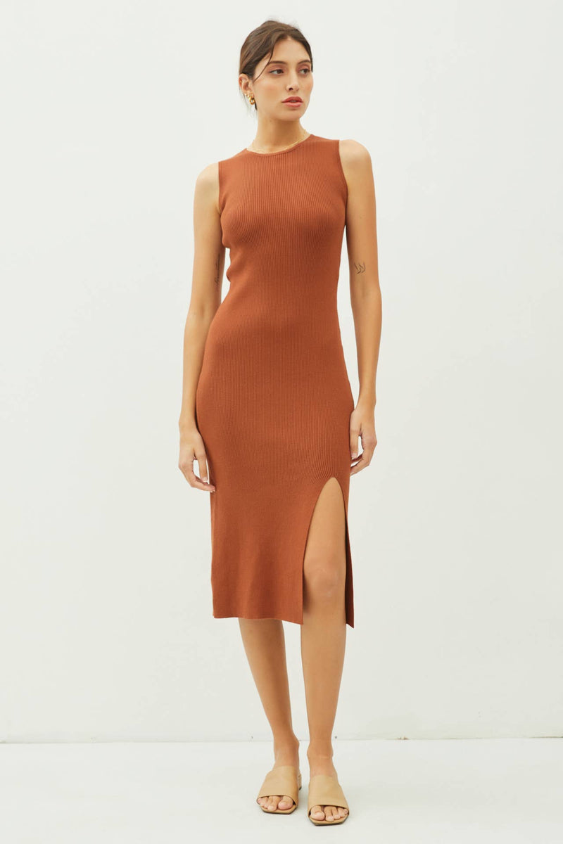 LEG SLIT BODYCON RIBBED KNIT MIDI DRESS - Be Cool - Terra Cotta Gorge Co.