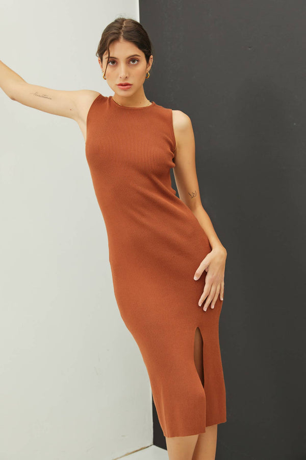 LEG SLIT BODYCON RIBBED KNIT MIDI DRESS - Be Cool - Terra Cotta Gorge Co.