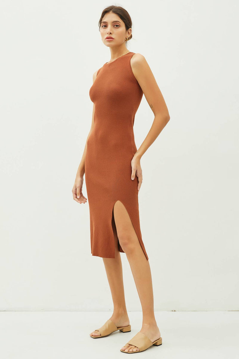 LEG SLIT BODYCON RIBBED KNIT MIDI DRESS - Be Cool - Terra Cotta Gorge Co.