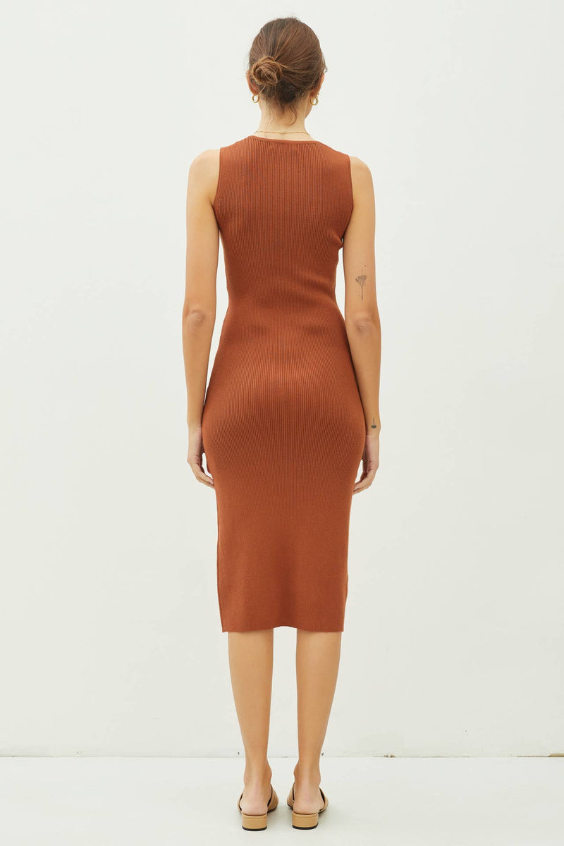 LEG SLIT BODYCON RIBBED KNIT MIDI DRESS - Be Cool - Terra Cotta Gorge Co.