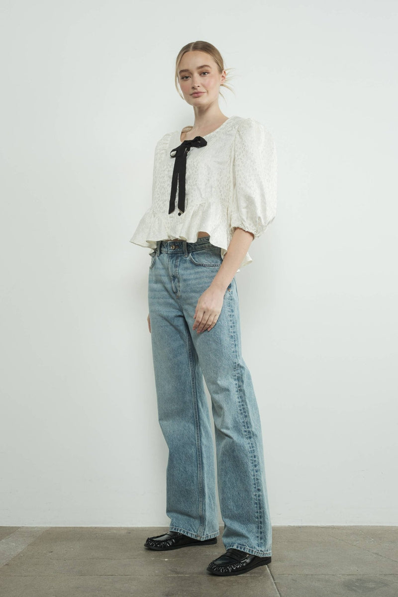 MAT3188 JACQUARD PUFFY SLEEVE BOW TIE TOP W/RUFFLE HEM - Aaron & Amber - Terra Cotta Gorge Co.