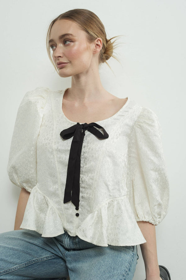 MAT3188 JACQUARD PUFFY SLEEVE BOW TIE TOP W/RUFFLE HEM - Aaron & Amber - Terra Cotta Gorge Co.