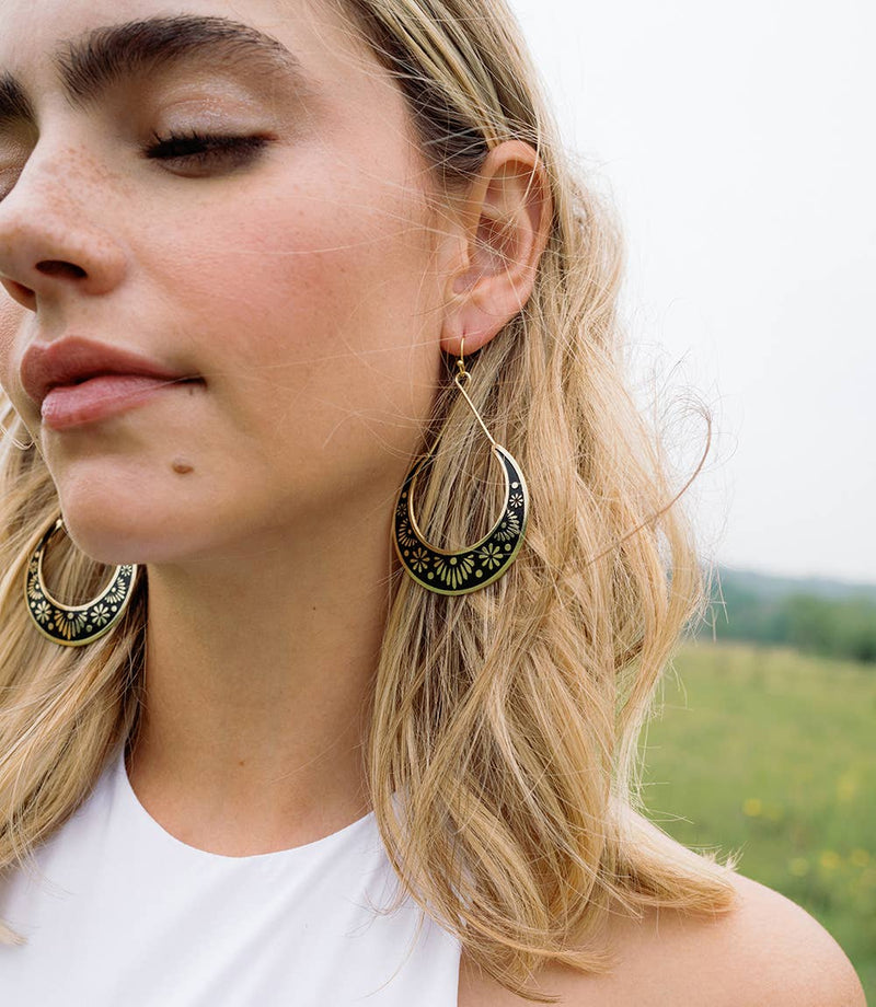 Nisha Crescent Moon Hoop Earrings - Gold, Black - Matr Boomie Fair Trade - Terra Cotta Gorge Co.