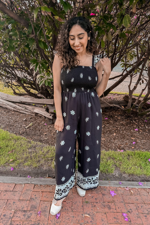 PRINTED SMOCKED JUMPSUIT WITH RUFFLED STRAPS - in february - Terra Cotta Gorge Co.