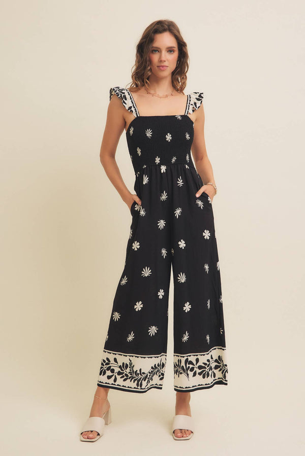 PRINTED SMOCKED JUMPSUIT WITH RUFFLED STRAPS - in february - Terra Cotta Gorge Co.