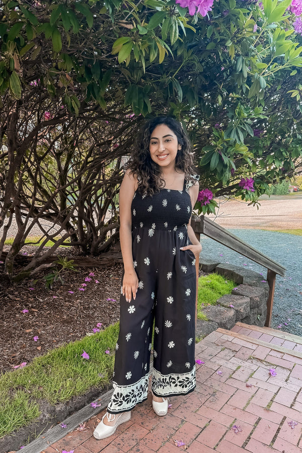 PRINTED SMOCKED JUMPSUIT WITH RUFFLED STRAPS - in february - Terra Cotta Gorge Co.