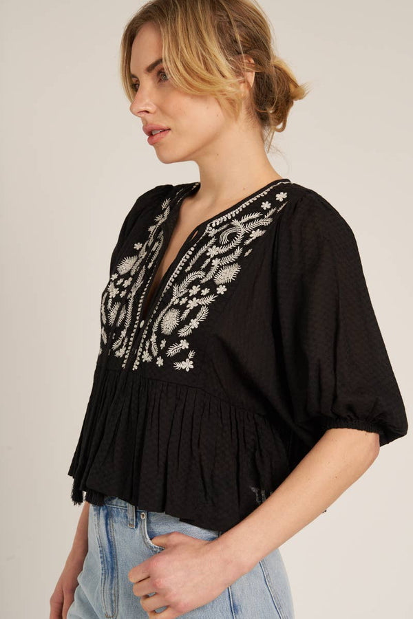 Puff Sleeve Peplum Top with Embroidery Detail - En Crème - Terra Cotta Gorge Co.