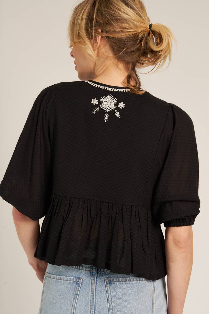 Puff Sleeve Peplum Top with Embroidery Detail - En Crème - Terra Cotta Gorge Co.