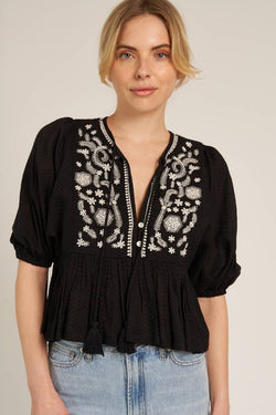 Puff Sleeve Peplum Top with Embroidery Detail - En Crème - Terra Cotta Gorge Co.