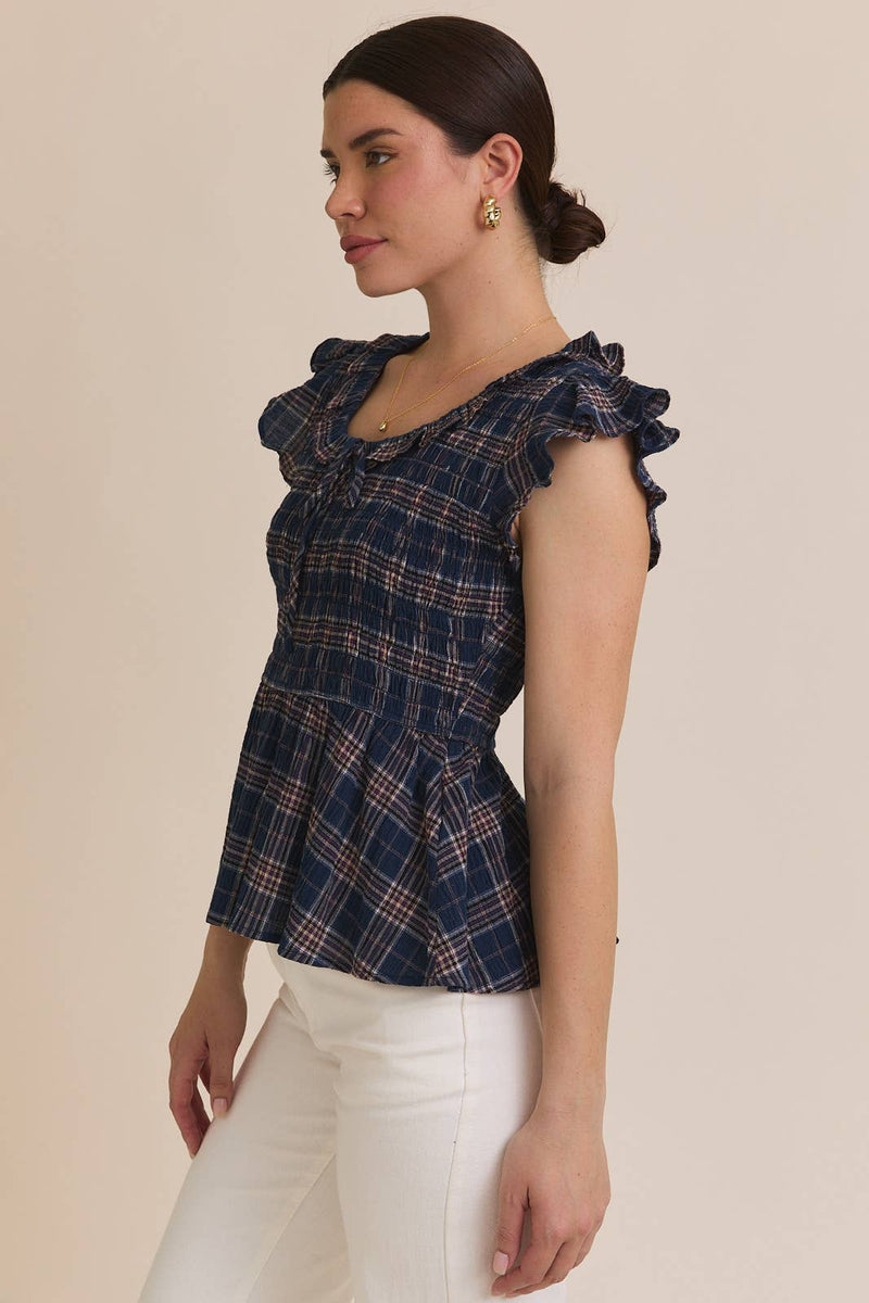 SCOOP NECK SMOCKED RUFFLE PLAID TOP - GILLI - Terra Cotta Gorge Co.
