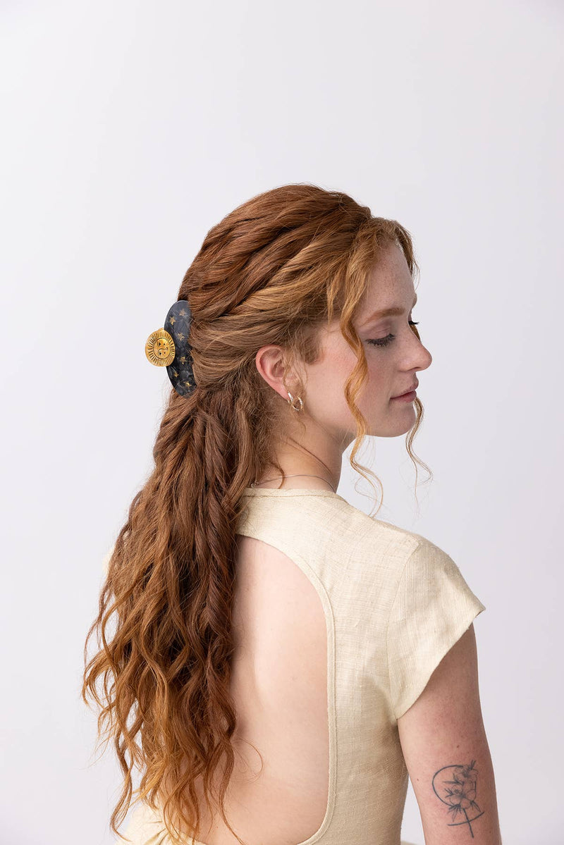 Sun and Stars Astrology Hair Claw in Gold and Black Acetate - WINONA IRENE - Terra Cotta Gorge Co.
