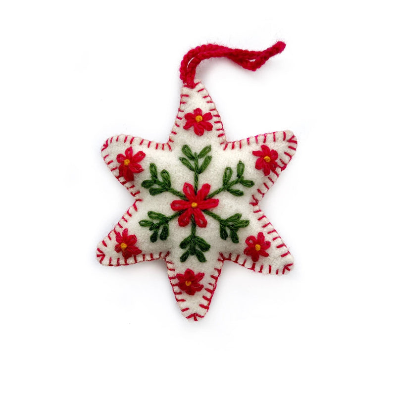 White Six Pointed Star Embroidered Wool Christmas Ornament - Ornaments 4 Orphans - Terra Cotta Gorge Co.