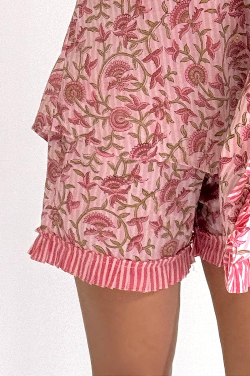 Women's Block Printed Pajamas - 3 Piece Set (Pink Petal) - The Fox and The Mermaid - Terra Cotta Gorge Co.