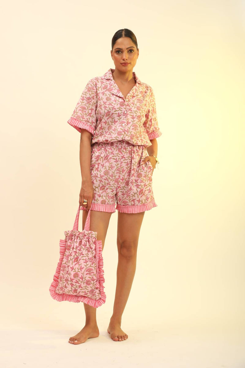 Women's Block Printed Pajamas - 3 Piece Set (Pink Petal) - The Fox and The Mermaid - Terra Cotta Gorge Co.