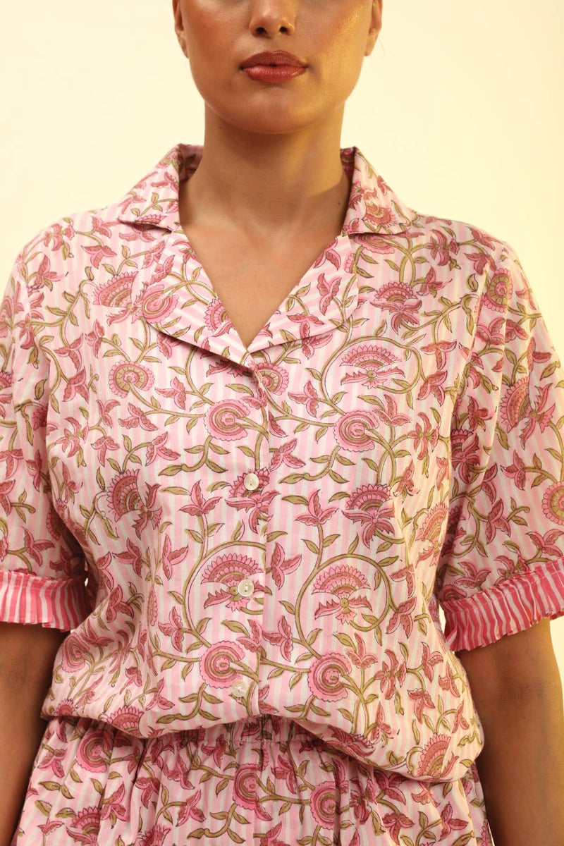 Women's Block Printed Pajamas - 3 Piece Set (Pink Petal) - The Fox and The Mermaid - Terra Cotta Gorge Co.
