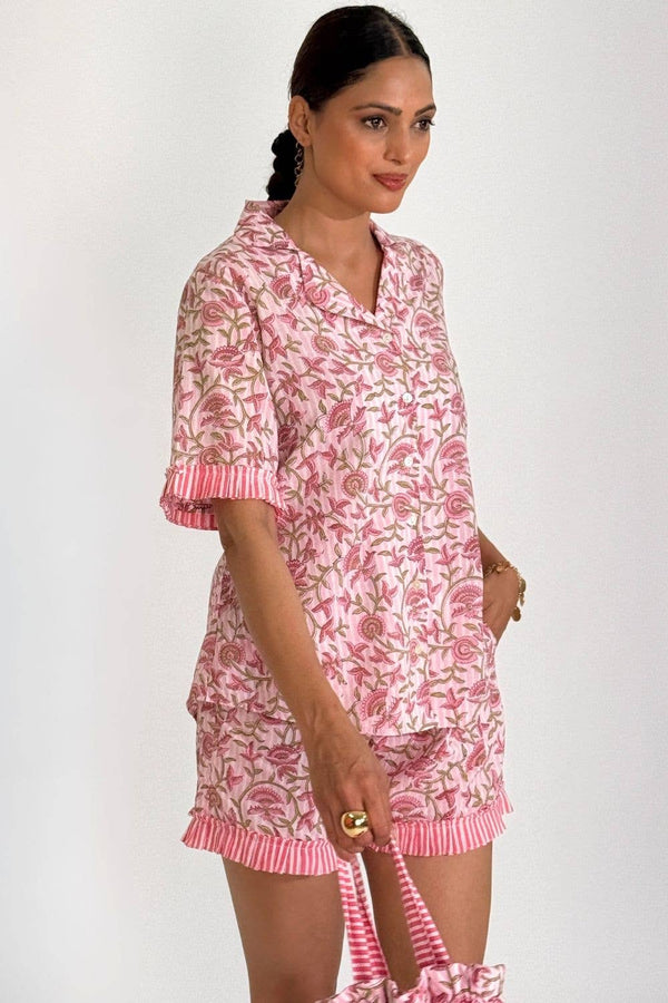 Women's Block Printed Pajamas - 3 Piece Set (Pink Petal) - The Fox and The Mermaid - Terra Cotta Gorge Co.