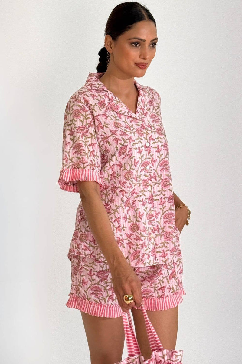 Women's Block Printed Pajamas - 3 Piece Set (Pink Petal) - The Fox and The Mermaid - Terra Cotta Gorge Co.