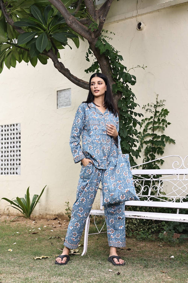 Women's Block Printed Pajamas - 3 Piece Set - The Fox and The Mermaid - Terra Cotta Gorge Co.