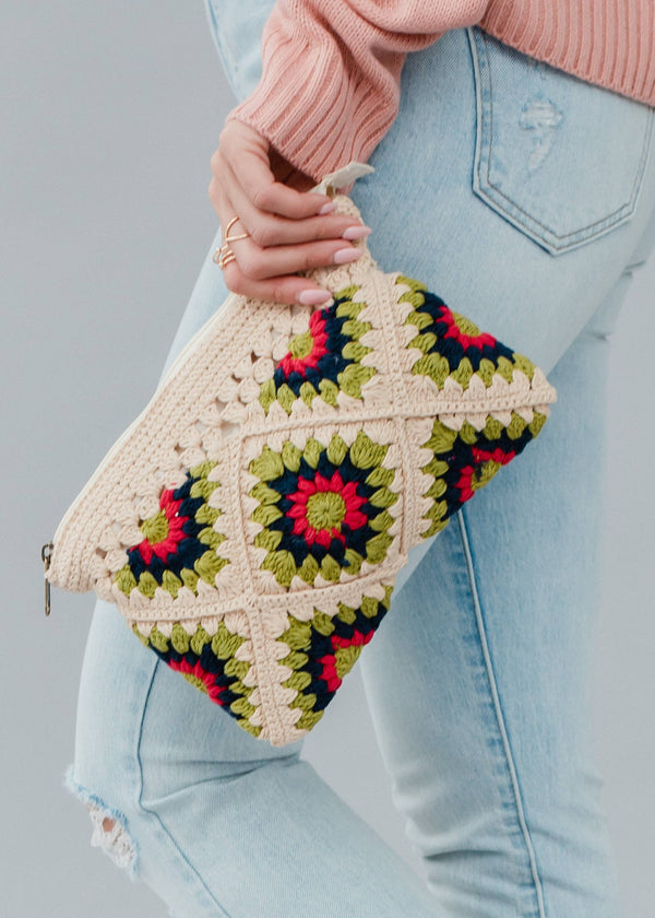 Beige & Multicolored Crochet Clutch