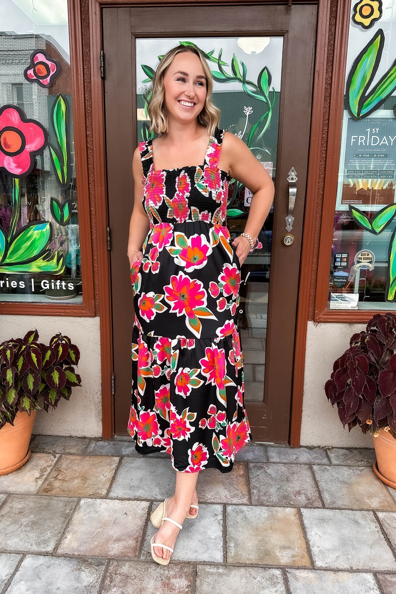 Black Floral Smocked Maxi Dress - Dress - Terra Cotta Gorge Co.