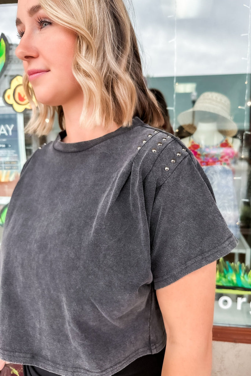 Black Washed Crop Pleated Studded T-Shirt - Blue B. - Terra Cotta Gorge Co.