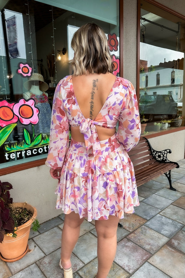 Blush Lilac Floral Print Cut Out Mini Dress - Terra Cotta Gorge Co.