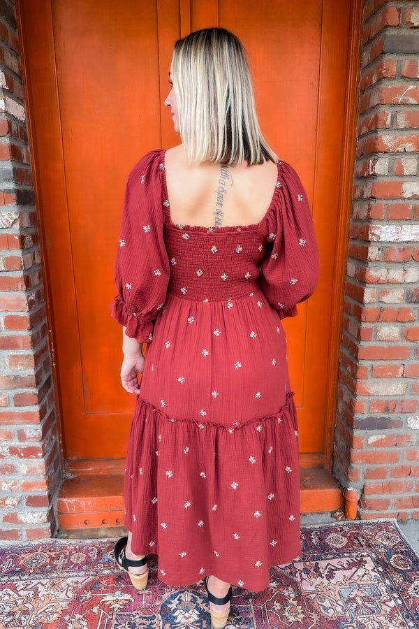 Brick Ditzy Floral Embroidery Puff Sleeve Maxi Dress - Listicle - Terra Cotta Gorge Co.