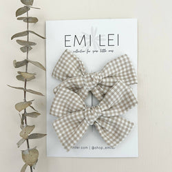 Pigtail Bow Clip Set - Taupe Mini Check