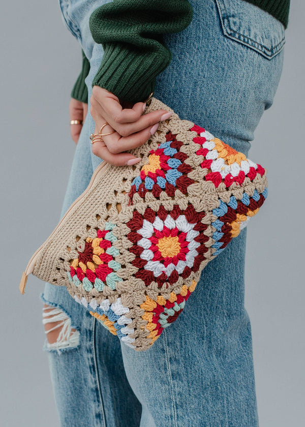 Tan & Multicolored Crochet Clutch