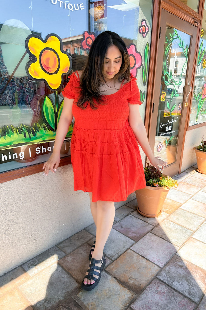 Cherry Red Off The Shoulder Tiered Mini Dress - Terra Cotta Gorge Co.
