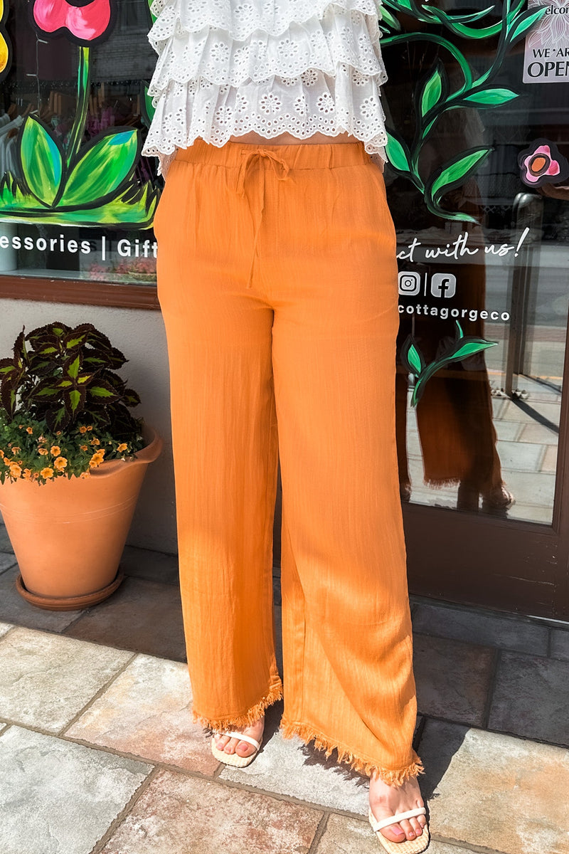 Dusty Orange Fringe Hem Wide Leg Pants - Pants - Terra Cotta Gorge Co.