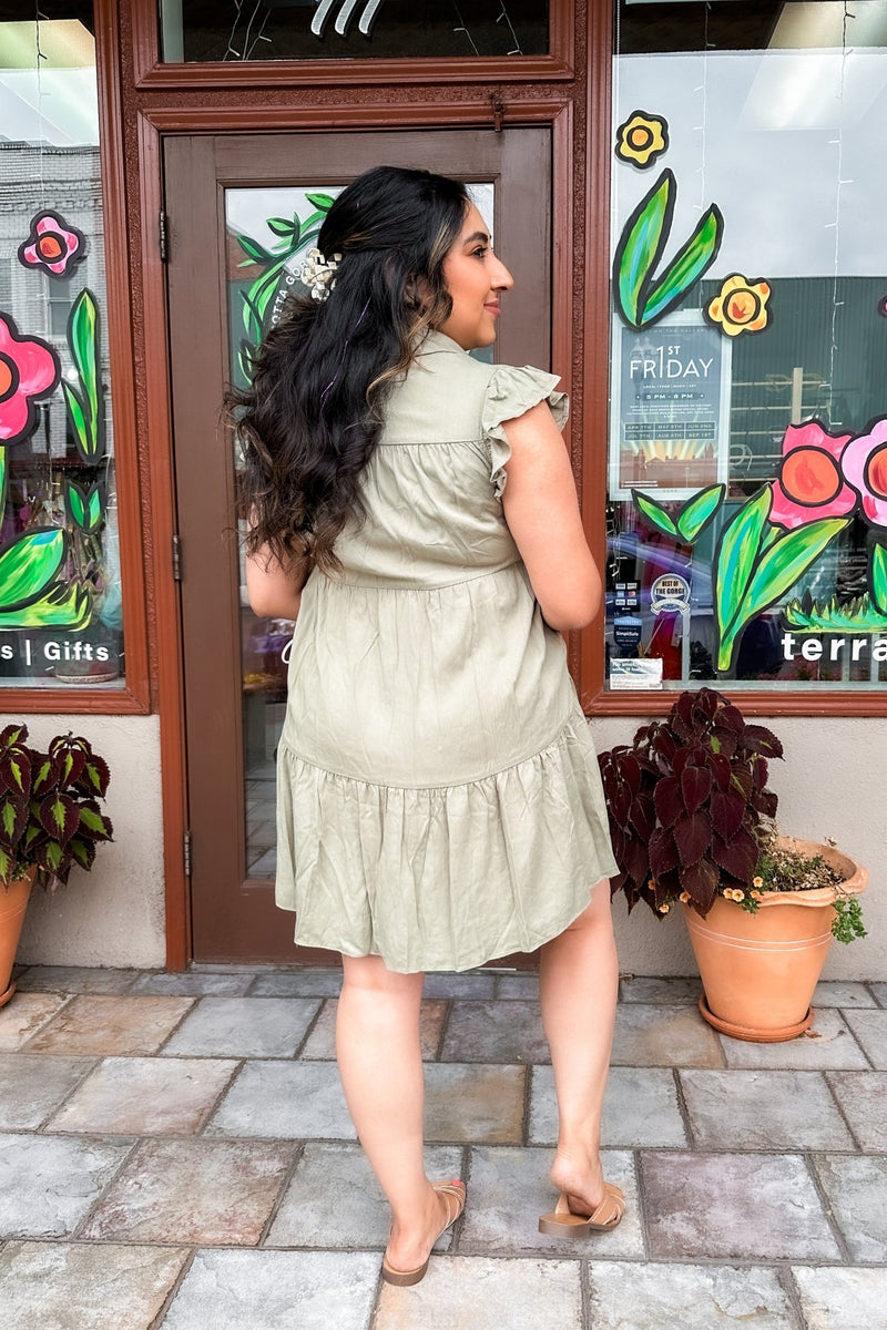 Dusty Sage Button Up Tiered Mini Dress - Terra Cotta Gorge Co.