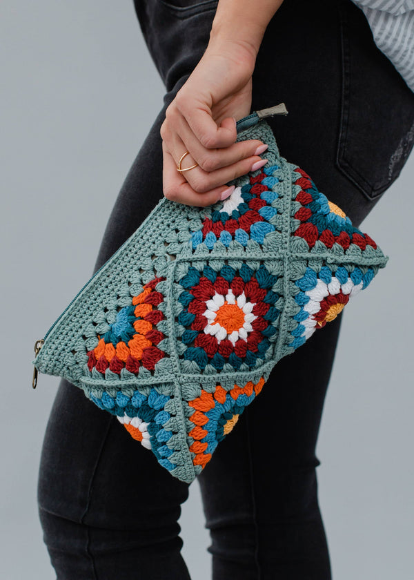 Dusty Blue & Multicolored Crochet Clutch