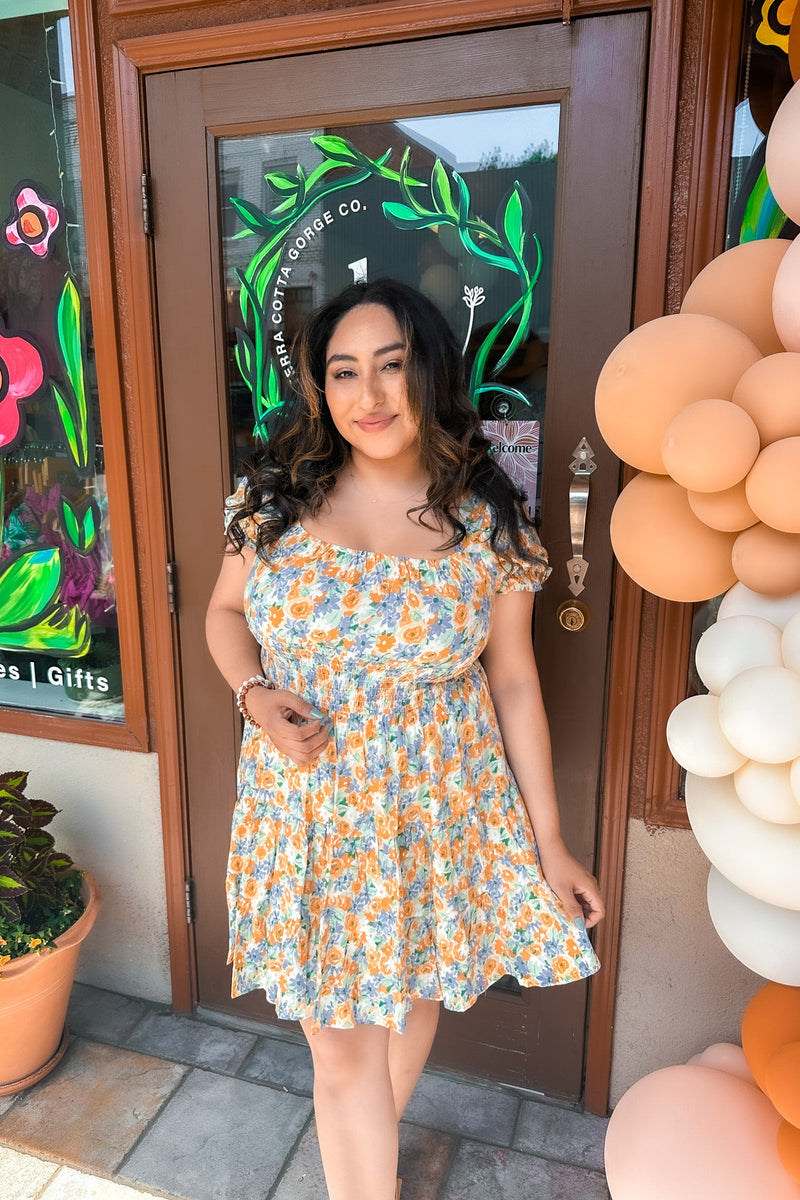 Floral Mango Blue Square Neck Mini Dress - Terra Cotta Gorge Co.