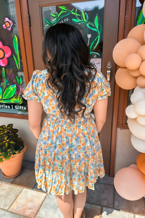 Floral Mango Blue Square Neck Mini Dress - Terra Cotta Gorge Co.