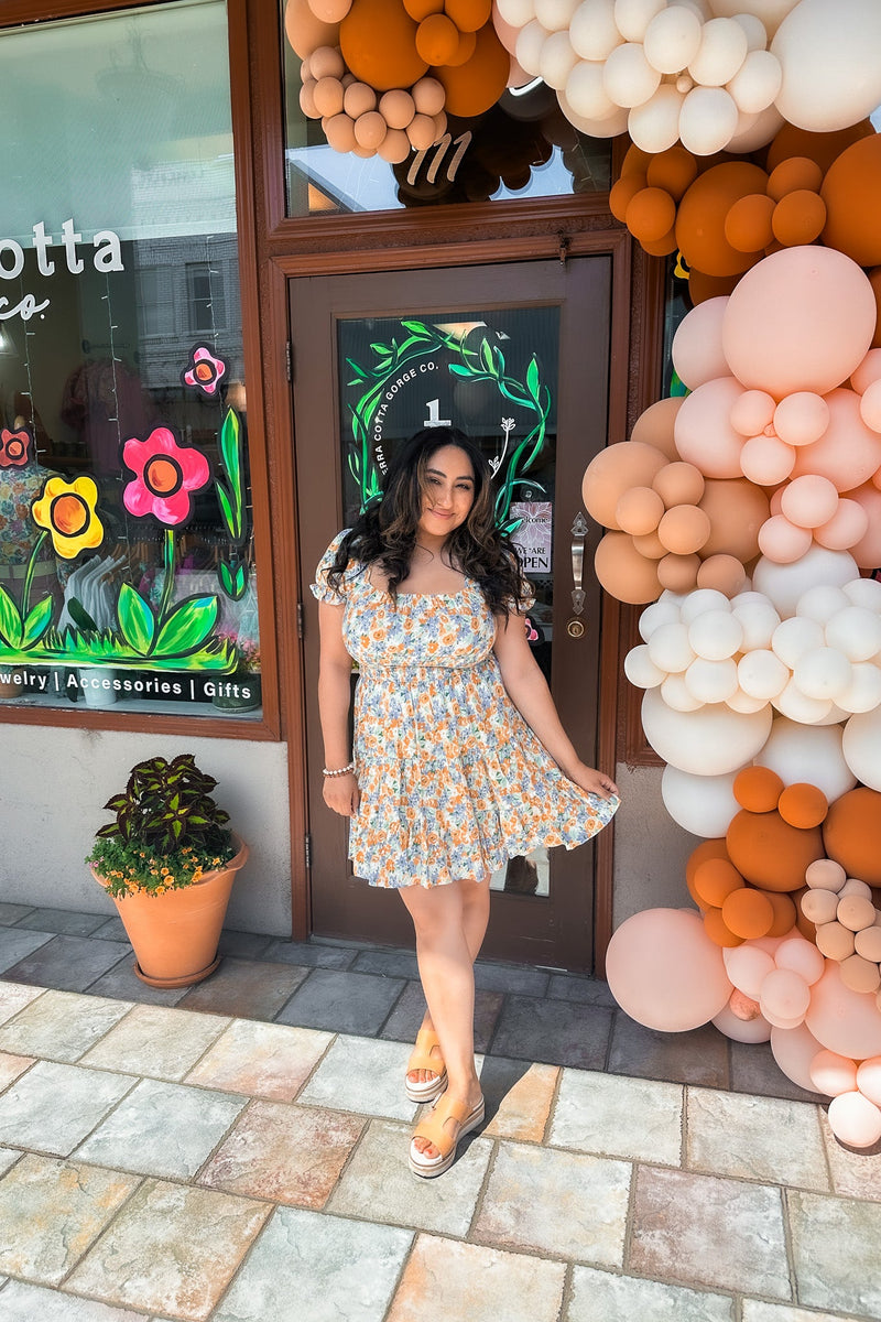 Floral Mango Blue Square Neck Mini Dress - Terra Cotta Gorge Co.