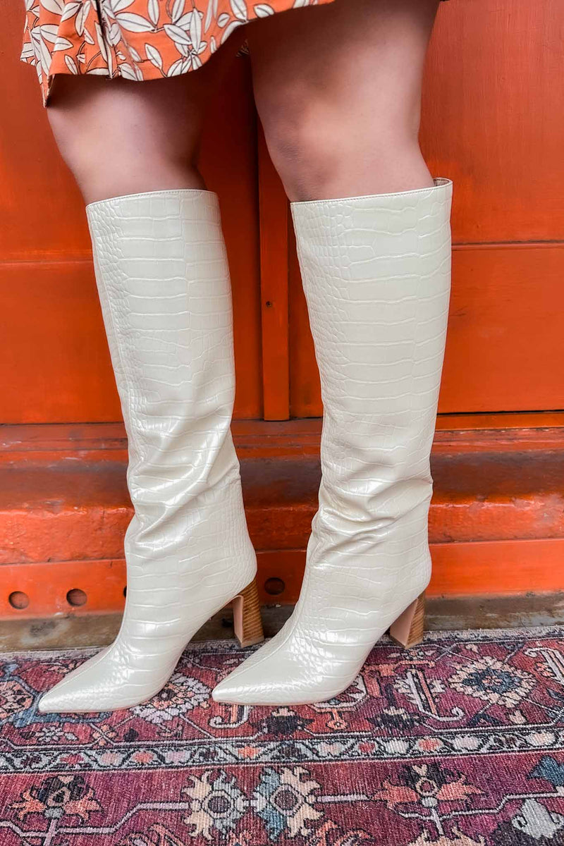 Frankie Croc Embossed Knee Boot (Cream) by Chinese Laundry – theClothesRak