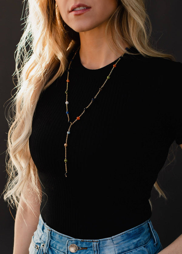 Gold & Multicolored Beaded Lariat Necklace - Terra Cotta Gorge Co.